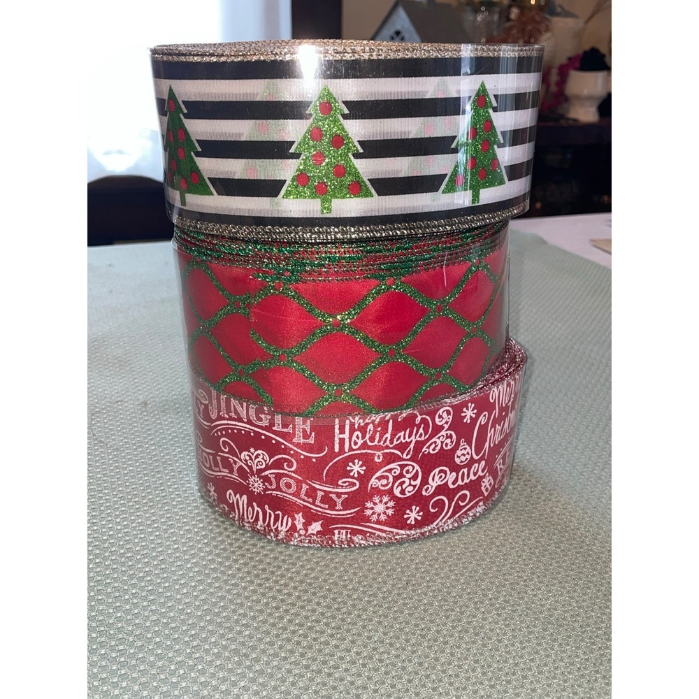 Lot of 3 Christmas Ribbon Rolls Red Green Black White Glitter Holiday Craft 2.5"
